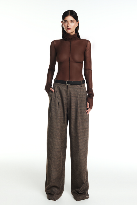 BLUSA GOLA ALTA MANGA LONGA TULE MARROM (8864517554403)