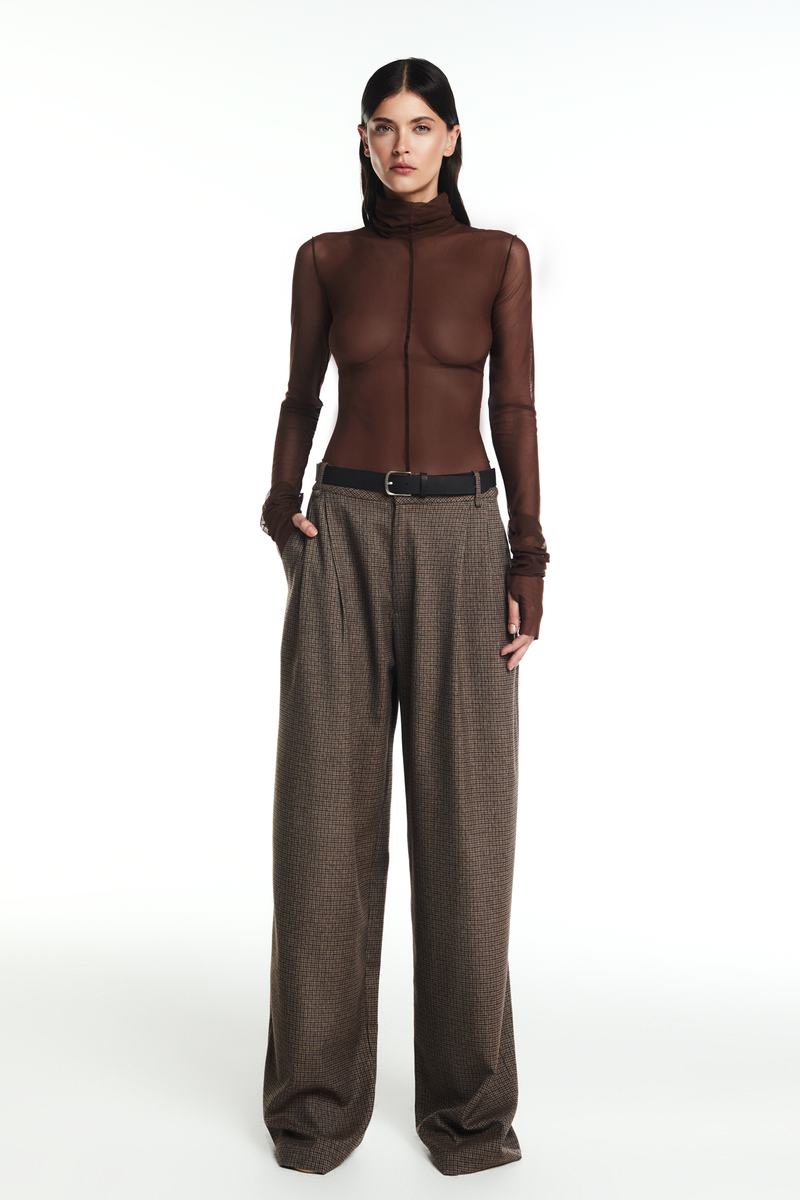 CALÇA ALFAIATARIA PREGAS XADREZ MARROM (8864518078691)