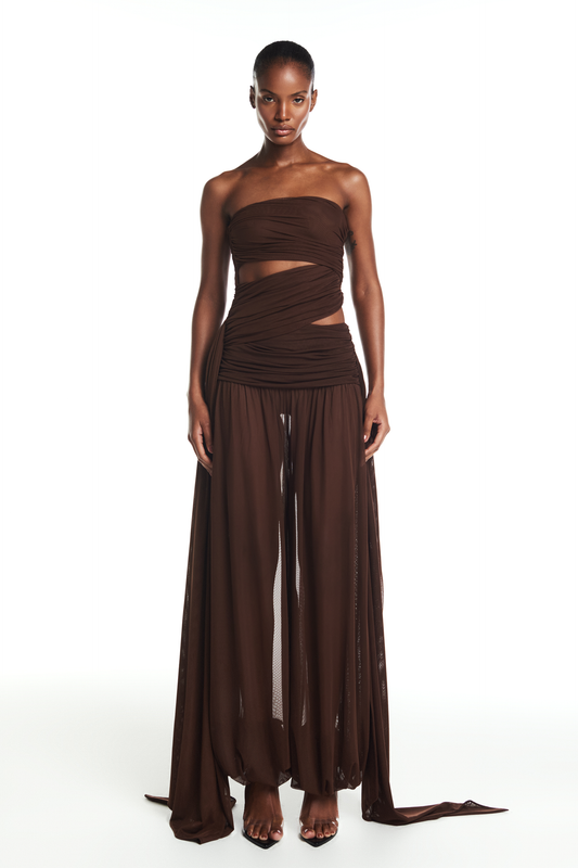 CALÇA PALA DRAPEADA ELÁSTICO BARRA TULE MARROM (8864518602979)