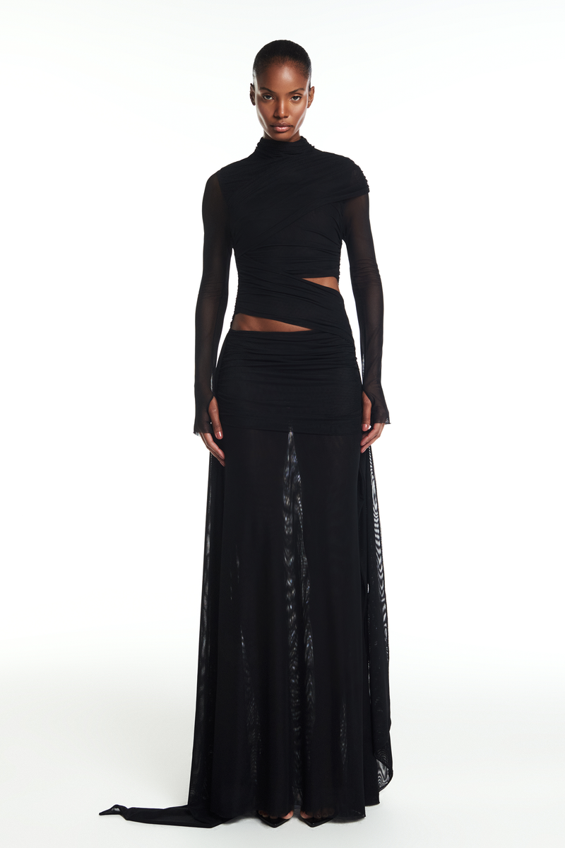 VESTIDO LONGO GOLA ALTA MANGA LONGA TRANSPASSES TULE PRETO