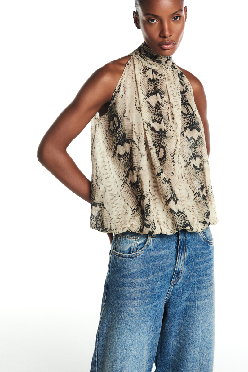 BLUSA GOLA ALTA DRAPEADA SEM MANGA ALGODÃO COBRA (8838227001571)