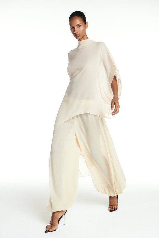 CALÇA ELÁSTICO CÓS E BARRA GEORGETE MANTEIGA (8904897790179)