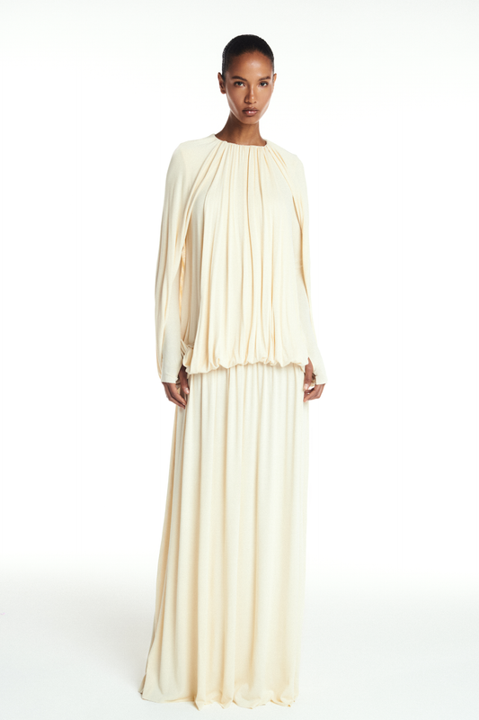 VESTIDO LONGO AMPLO CAPA MALHA MANTEIGA (8904899494115)