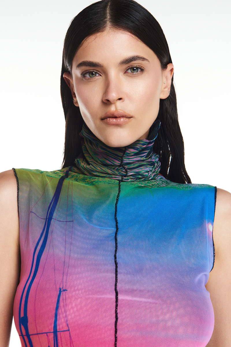 BLUSA GOLA ALTA SEM MANGA TULE POR DO SOL (8905757032675)