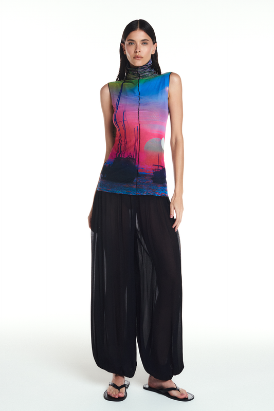 BLUSA GOLA ALTA SEM MANGA TULE POR DO SOL (8905757032675)