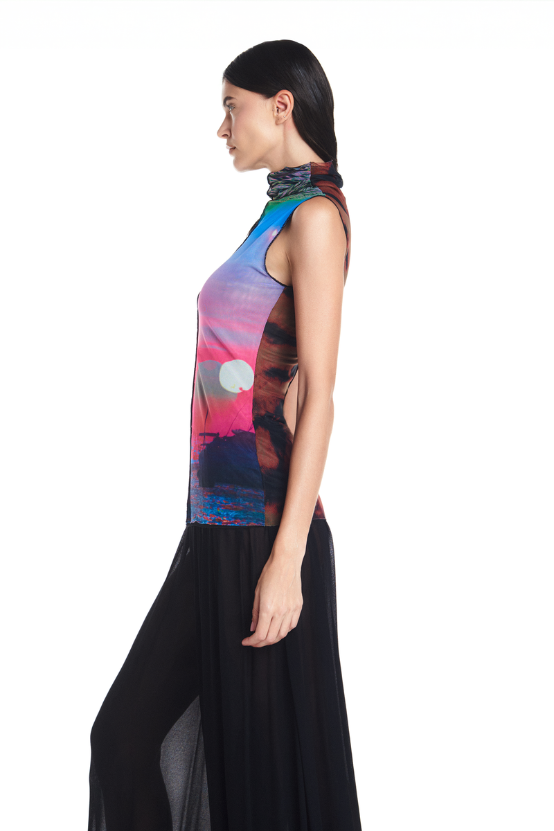 BLUSA GOLA ALTA SEM MANGA TULE POR DO SOL (8905757032675)