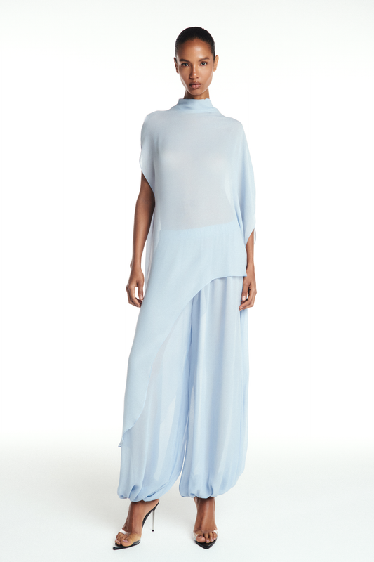 CALÇA ELÁSTICO CÓS E BARRA GEORGETE AZUL CLARO (8904897724643)