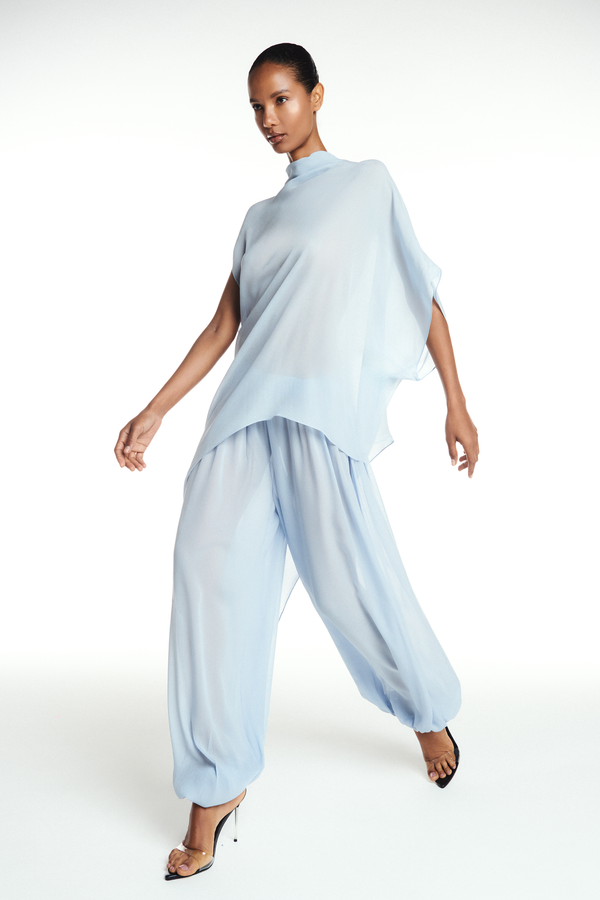 CALÇA ELÁSTICO CÓS E BARRA GEORGETE AZUL CLARO (8904897724643)