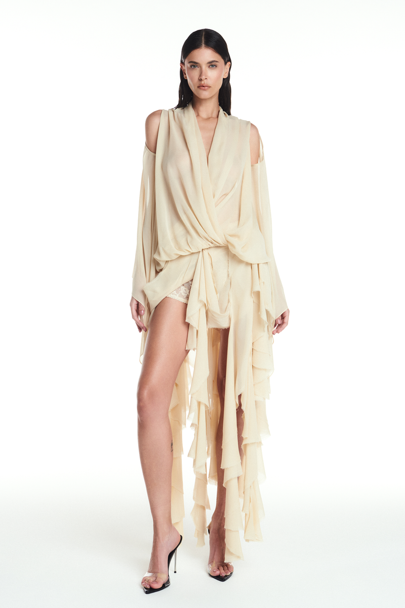 BLUSA DECOTE TRANSPASSE ELÁSTICO CINTURA MANGA AMPLA GEORGETE MANTEIGA (8904896479459)