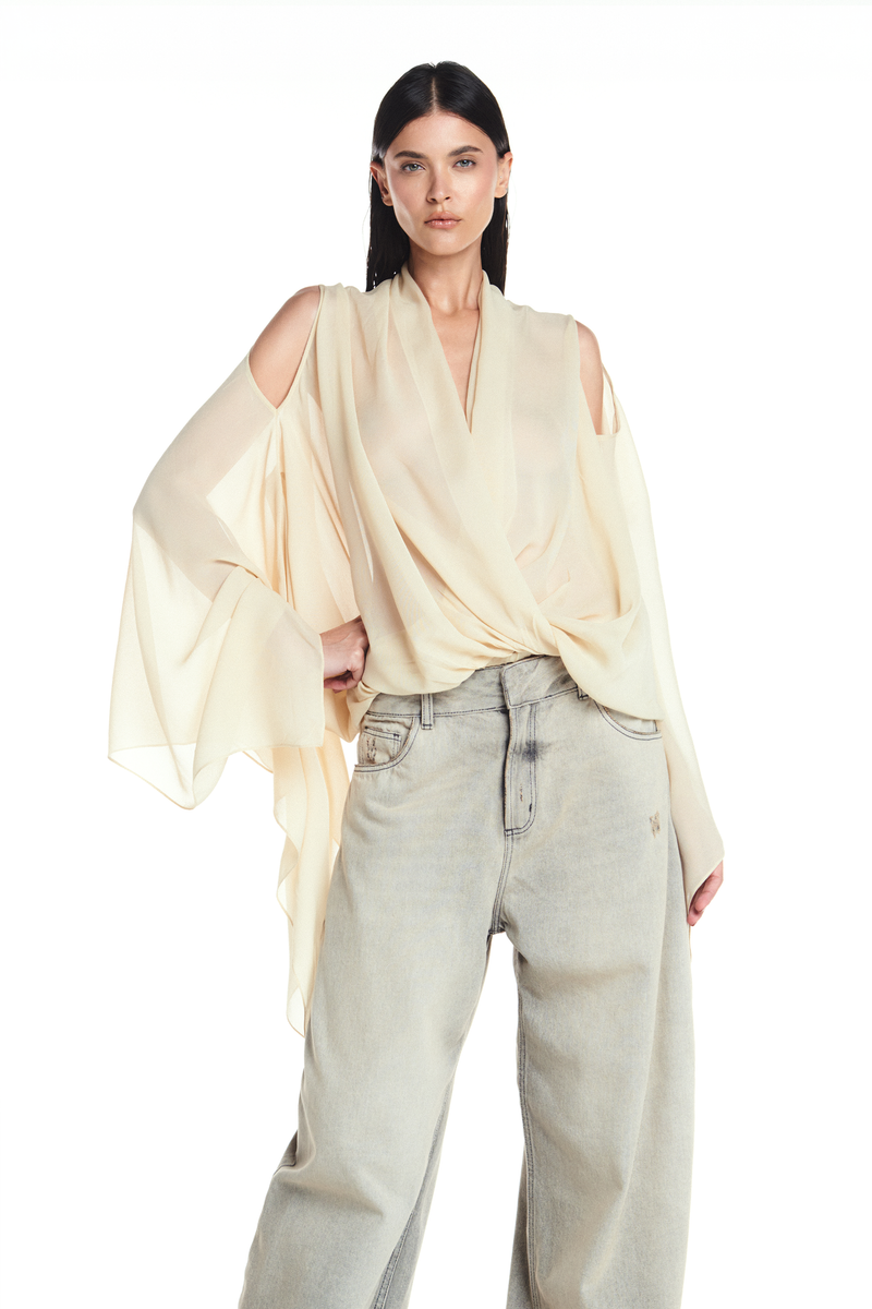 BLUSA DECOTE TRANSPASSE ELÁSTICO CINTURA MANGA AMPLA GEORGETE MANTEIGA (8904896479459)