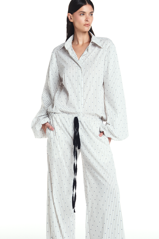 CAMISA MANGA BALONÊ TRICOLINE LISTRAS BEGE (8904898216163)