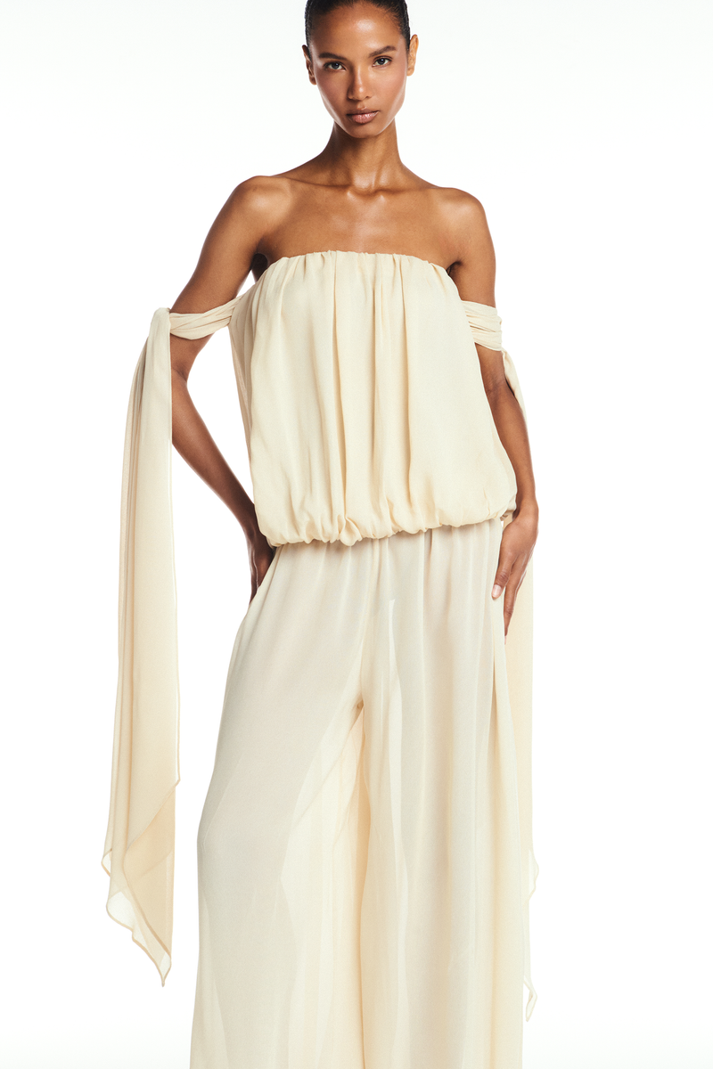 BLUSA TOMARA QUE CAIA BALONÊ FAIXAS LATERAIS GEORGETE MANTEIGA (8904897167587)