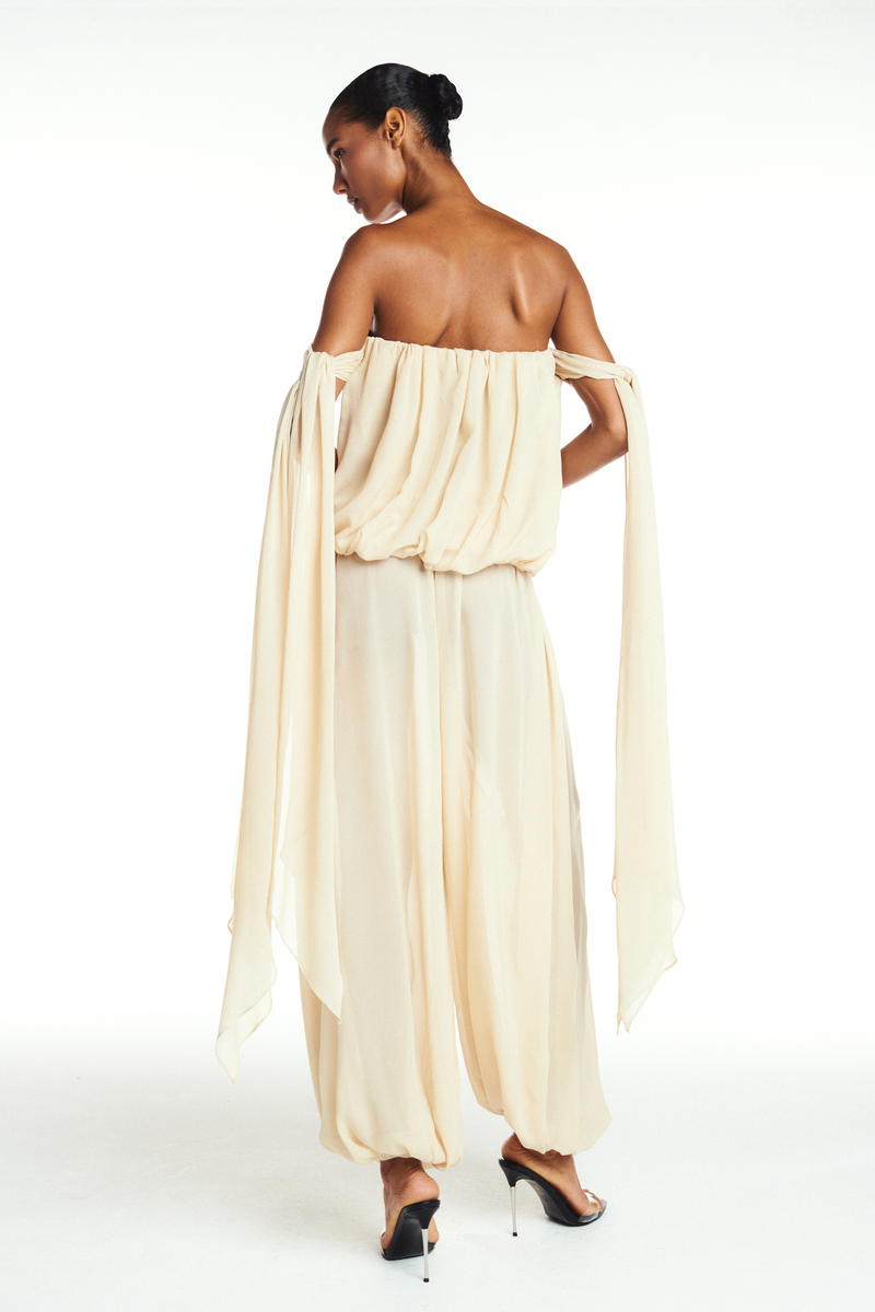 BLUSA TOMARA QUE CAIA BALONÊ FAIXAS LATERAIS GEORGETE MANTEIGA (8904897167587)