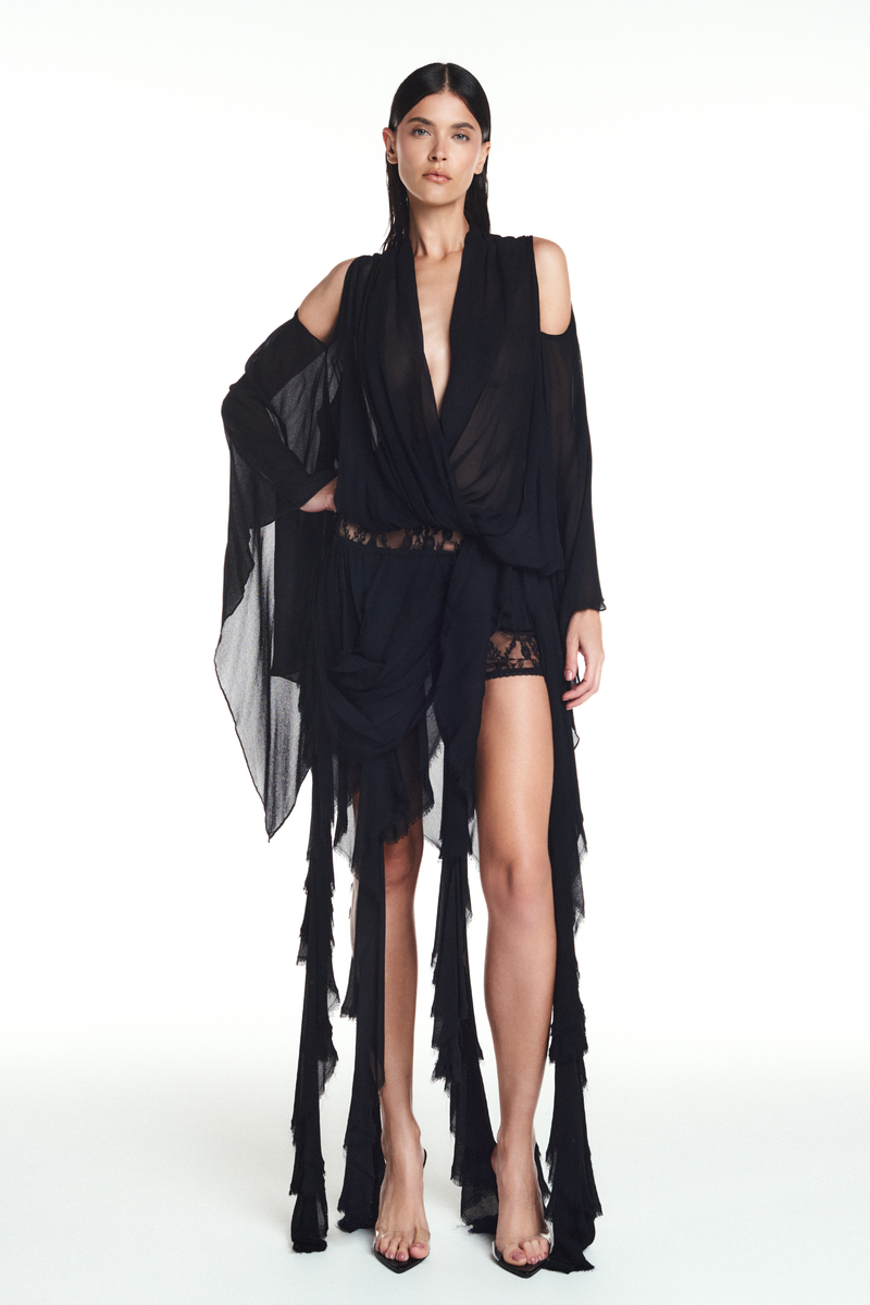 BLUSA DECOTE TRANSPASSE ELÁSTICO CINTURA MANGA AMPLA GEORGETE PRETO (8904896544995)