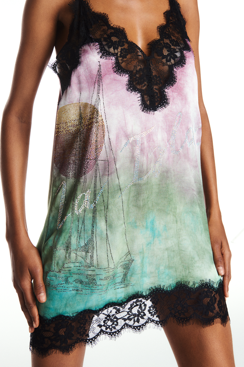 VESTIDO CURTO CETIM COM RENDA PEDRA LA ISLA (8905757753571)