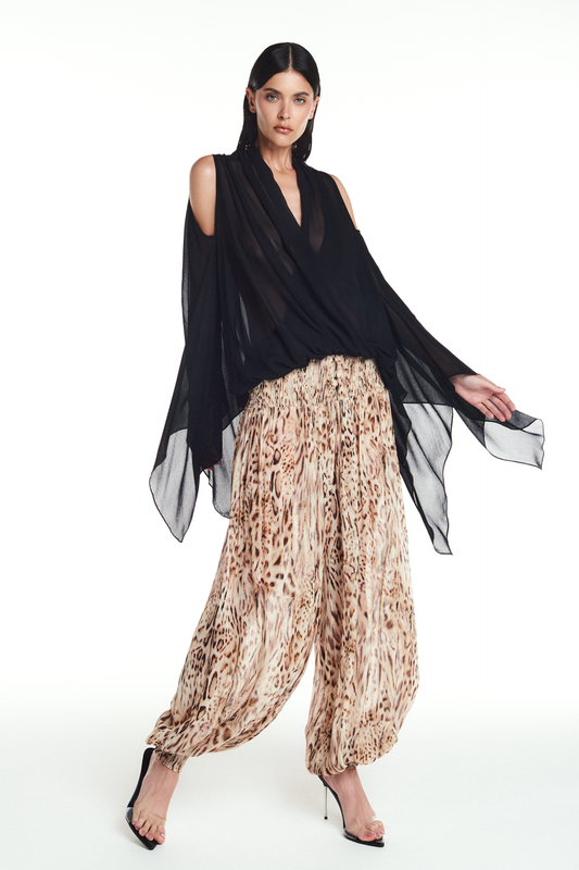 BLUSA DECOTE TRANSPASSE ELÁSTICO CINTURA MANGA AMPLA GEORGETE PRETO (8904896544995)