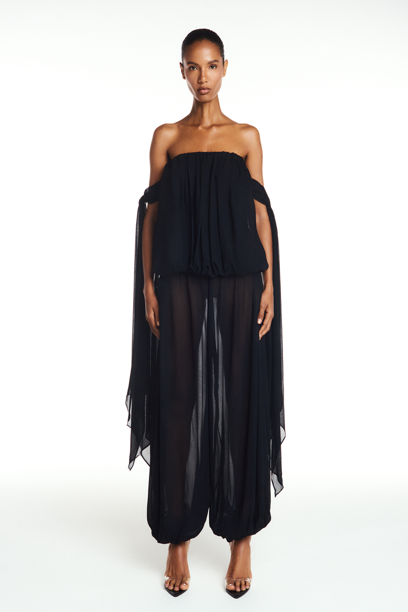 BLUSA TOMARA QUE CAIA BALONÊ FAIXAS LATERAIS GEORGETE PRETO (8904897265891)