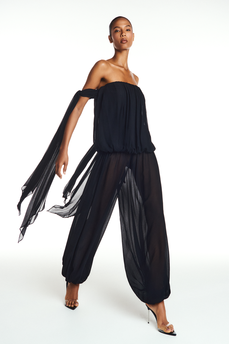 BLUSA TOMARA QUE CAIA BALONÊ FAIXAS LATERAIS GEORGETE PRETO (8904897265891)