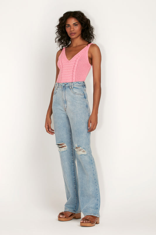 CALÇA JEANS CINTURA ALTA RASGO JOELHO (7090200248485)