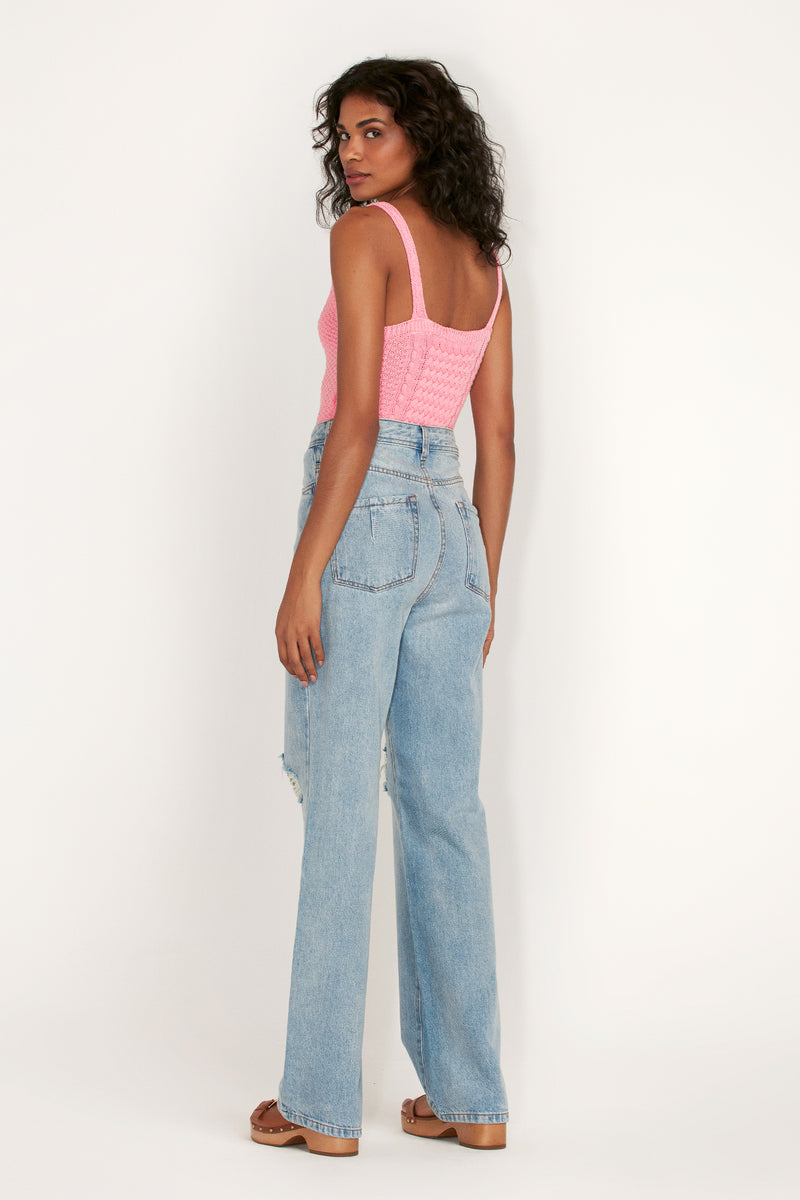 CALÇA JEANS CINTURA ALTA RASGO JOELHO (7090200248485)