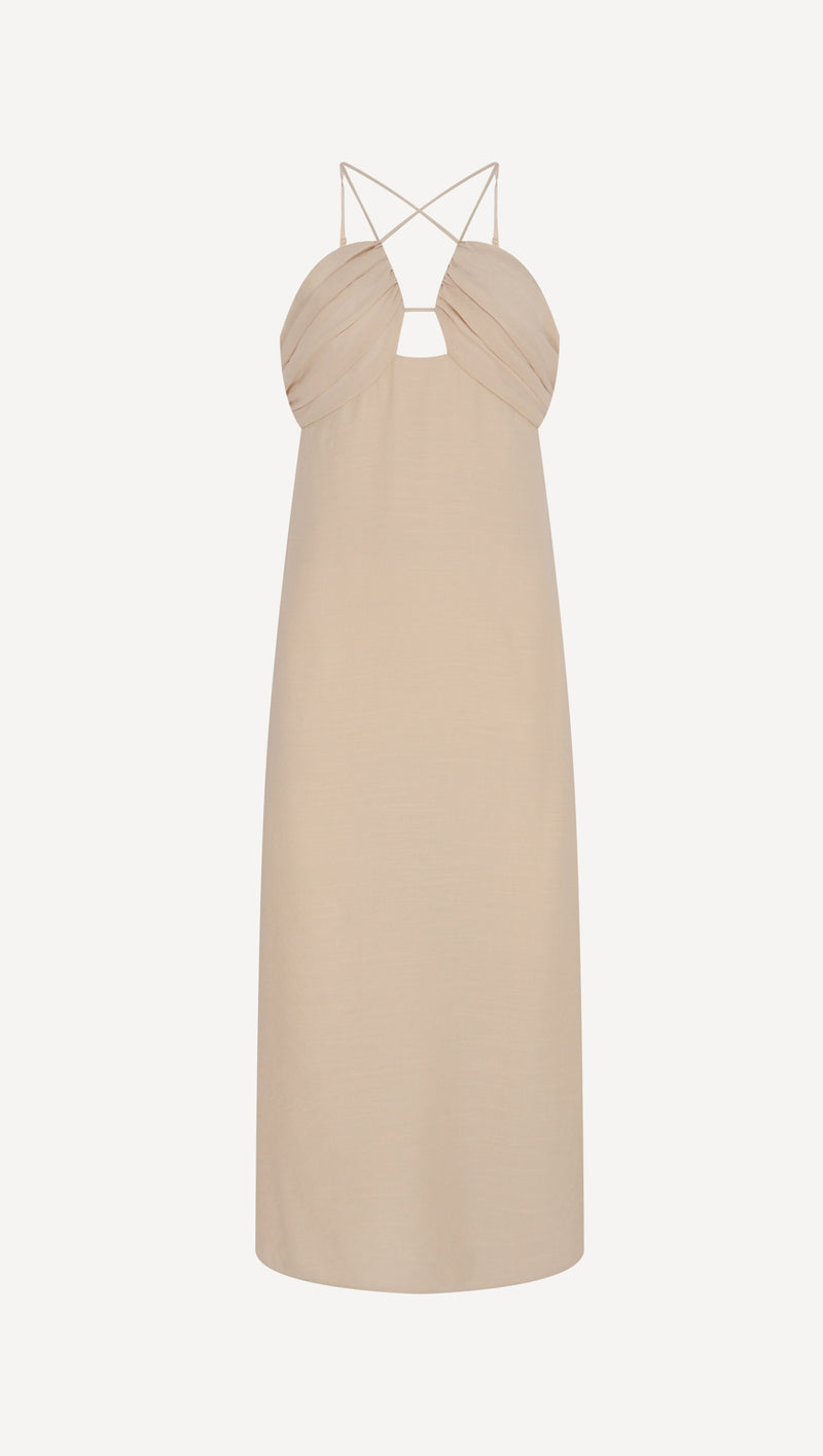 VESTIDO ALÇAS PEITO DRAPEADO BEGE (7590793117923)