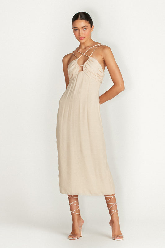 VESTIDO ALÇAS PEITO DRAPEADO BEGE (7590793117923)