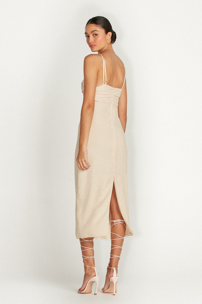 VESTIDO ALÇAS PEITO DRAPEADO BEGE (7590793117923)