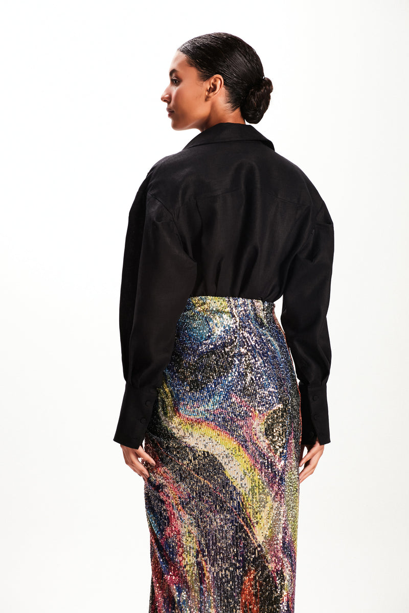 CAMISA LINHO MANGA PREGAS PRETA (7773564371171)