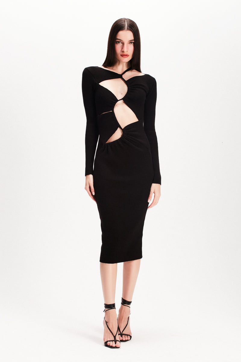VESTIDO TRICOT RECORTES ASSIMÉTRICOS PRETO (7815422083299)