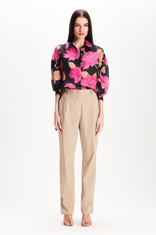 CAMISA ORGANZA DE LINHO ESTAMPA FLORAL PRETA E ROSA (7815416578275)