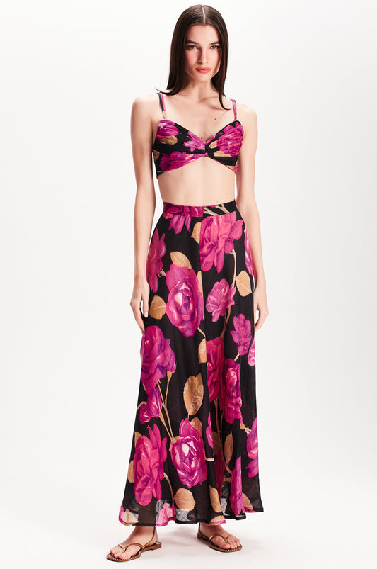 TOP DRAPEADO ORGANZA DE LINHO ESTAMPA FLORAL PRETA E ROSA (7815419429091)