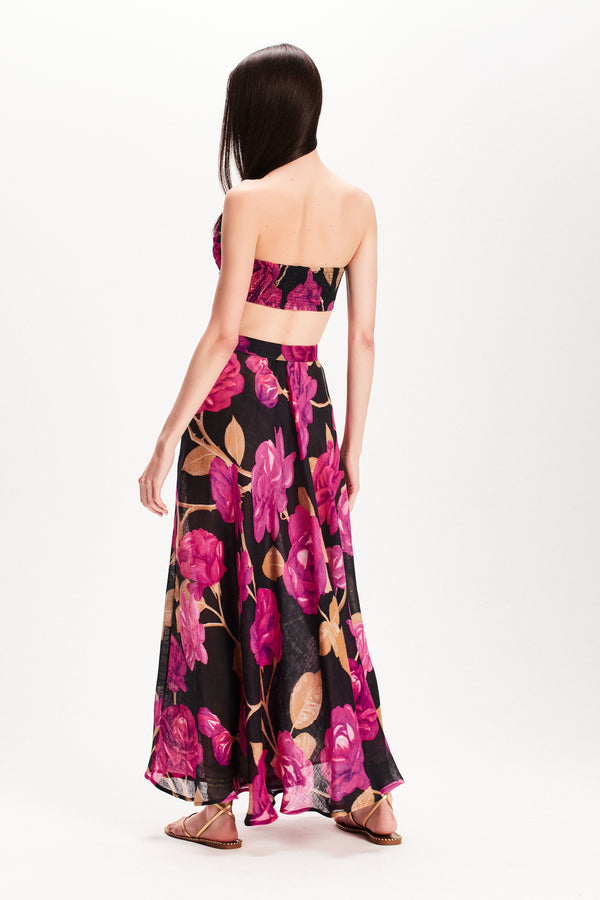 TOP DRAPEADO ORGANZA DE LINHO ESTAMPA FLORAL PRETA E ROSA (7815419429091)
