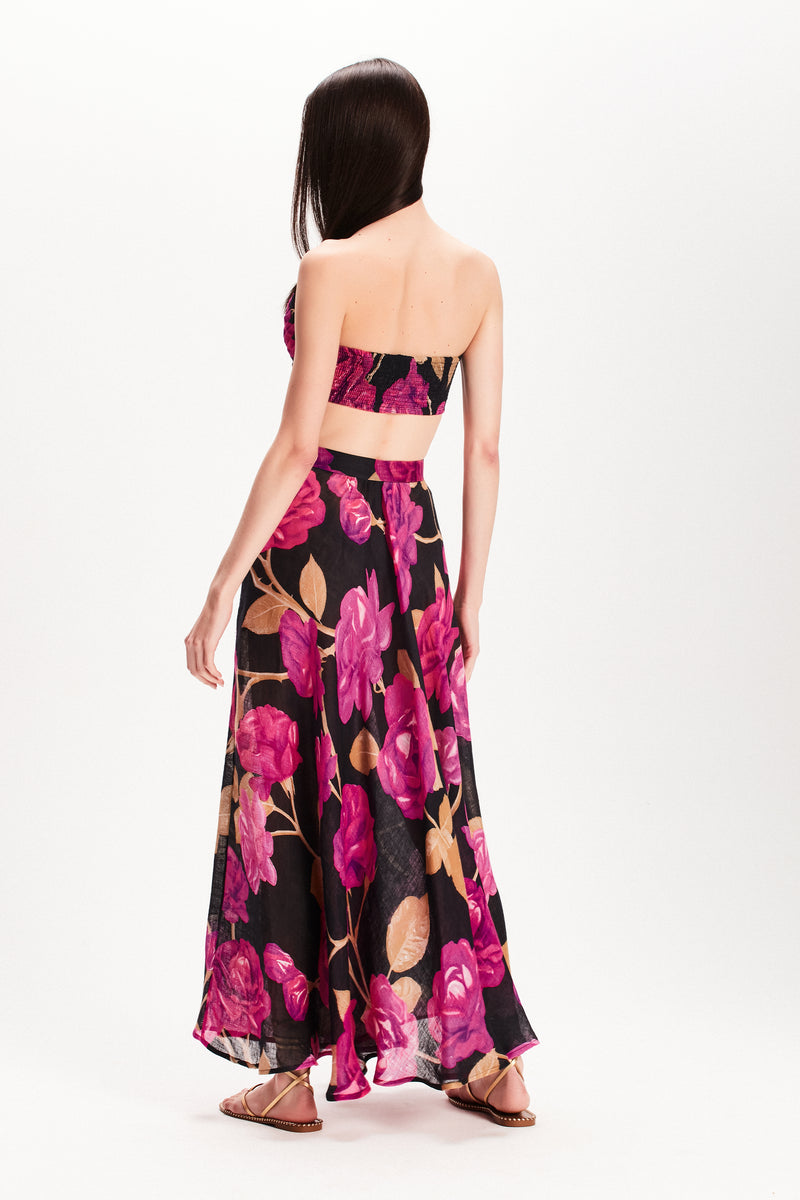 TOP DRAPEADO ORGANZA DE LINHO ESTAMPA FLORAL PRETA E ROSA (7815419429091)