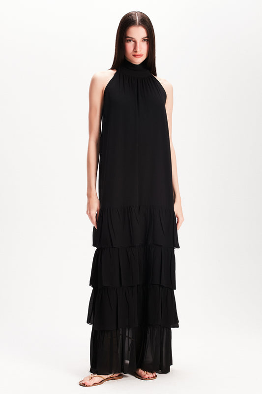 VESTIDO LONGO BABADOS GOLA ALTA PRETO (7815421427939)