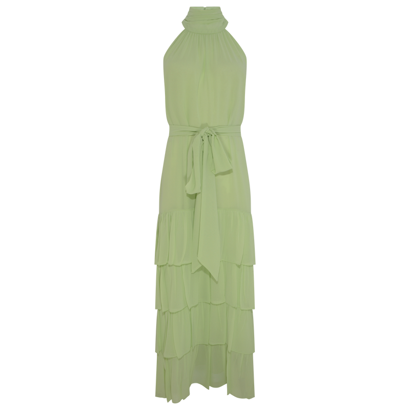 VESTIDO LONGO BABADOS GOLA ALTA VERDE (7815421559011)