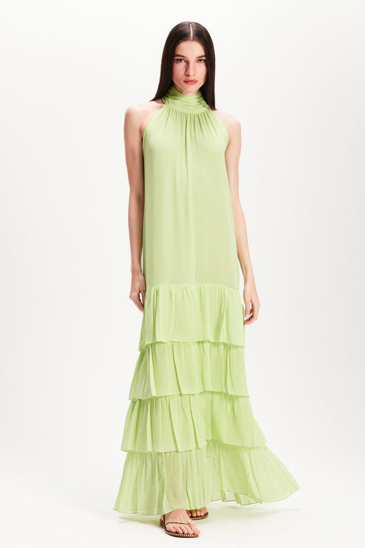 VESTIDO LONGO BABADOS GOLA ALTA VERDE (7815421559011)
