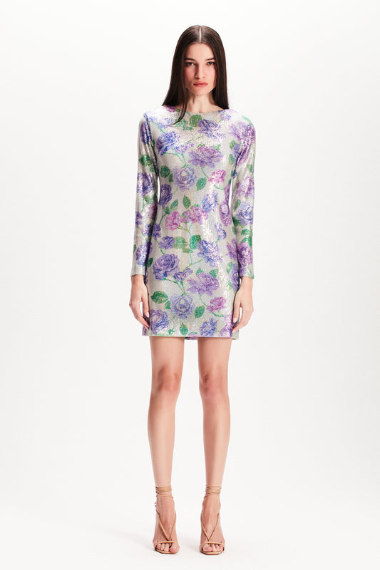 VESTIDO CURTO MANGA LONGA PAETE ESTAMPA FLORAL OFF WHITE E LILÁS (7815420117219)