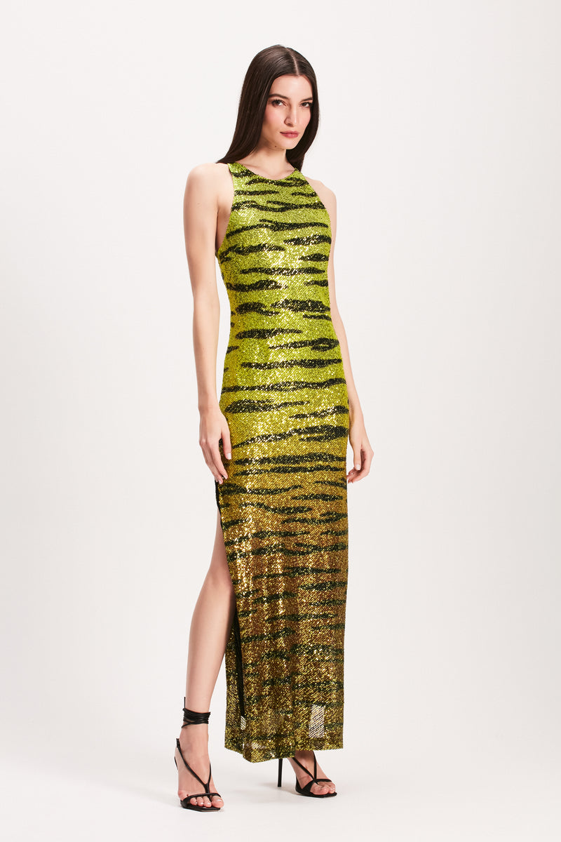 VESTIDO LONGO PAETE TIGRE VERDE (7855157674211)