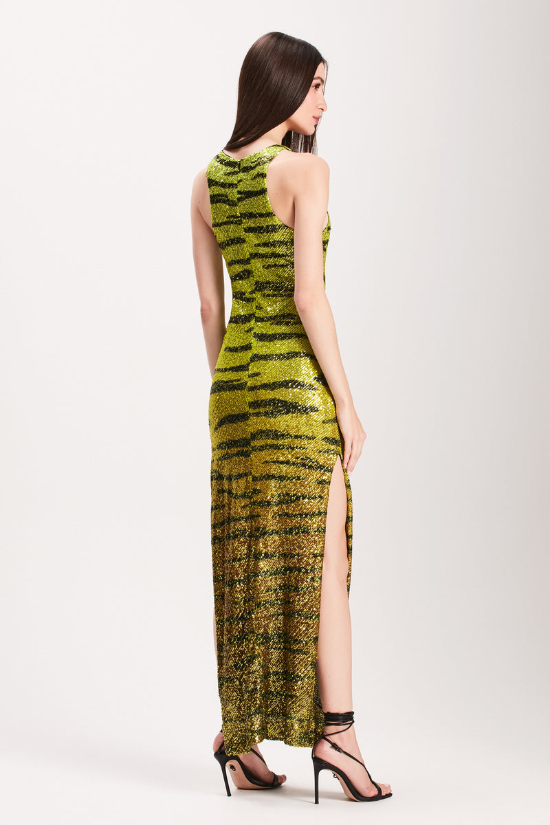 VESTIDO LONGO PAETE TIGRE VERDE (7855157674211)