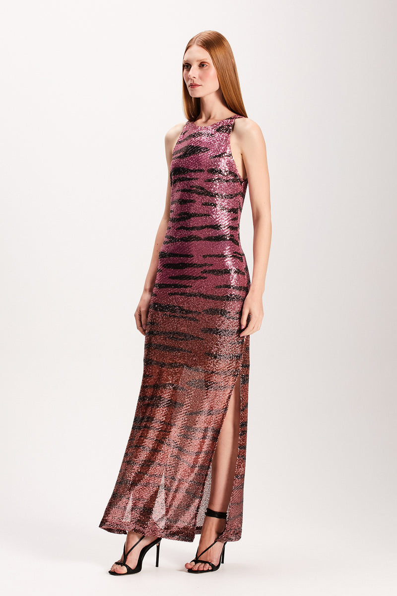 VESTIDO LONGO PAETE TIGRE ROSA (7855157575907)