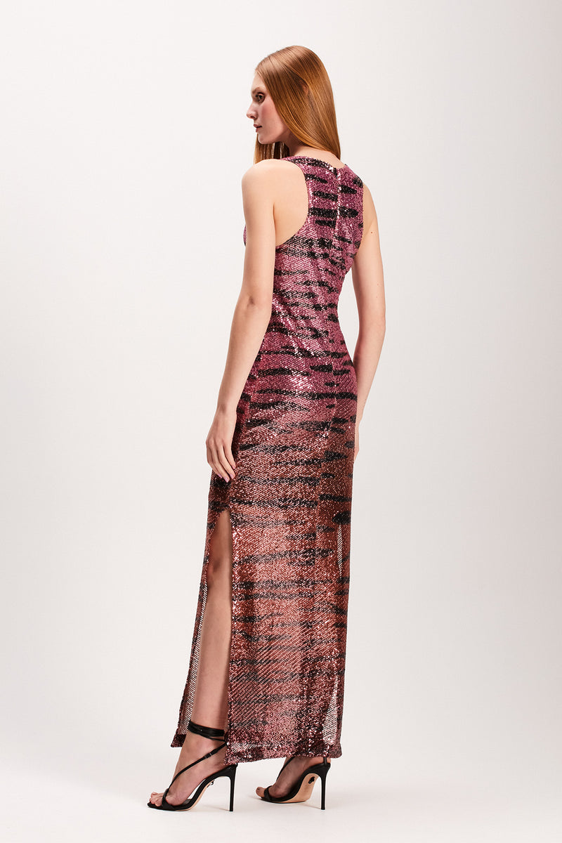 VESTIDO LONGO PAETE TIGRE ROSA (7855157575907)