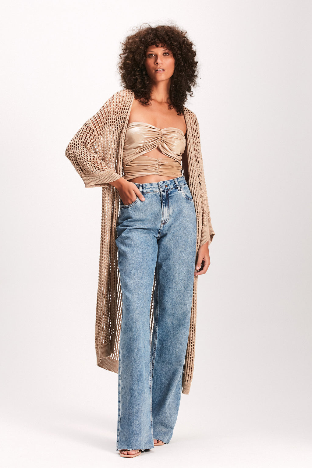 CARDIGAN TRICOT TRAMA ABERTA BEGE – TIG STORE