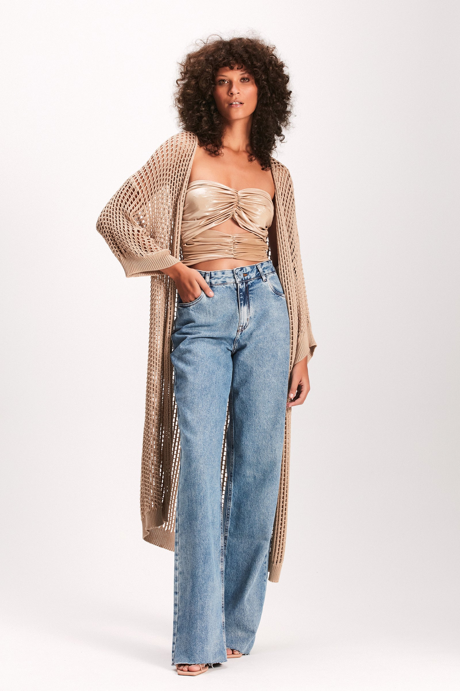 CARDIGAN TRICOT TRAMA ABERTA BEGE – TIG STORE