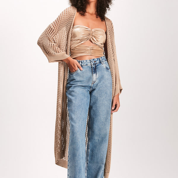 CARDIGAN TRICOT TRAMA ABERTA BEGE – TIG STORE