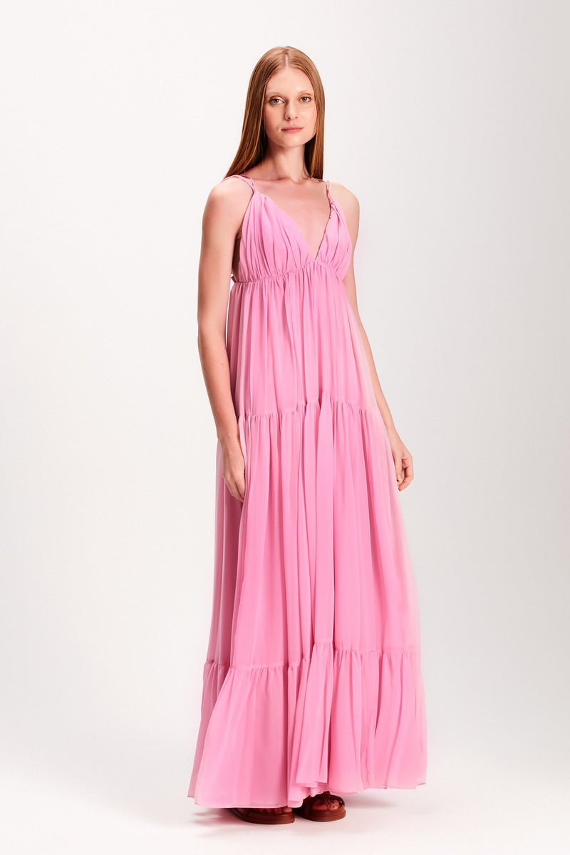 VESTIDO LONGO CAMADAS ALÇA ROSA (7893689303267)