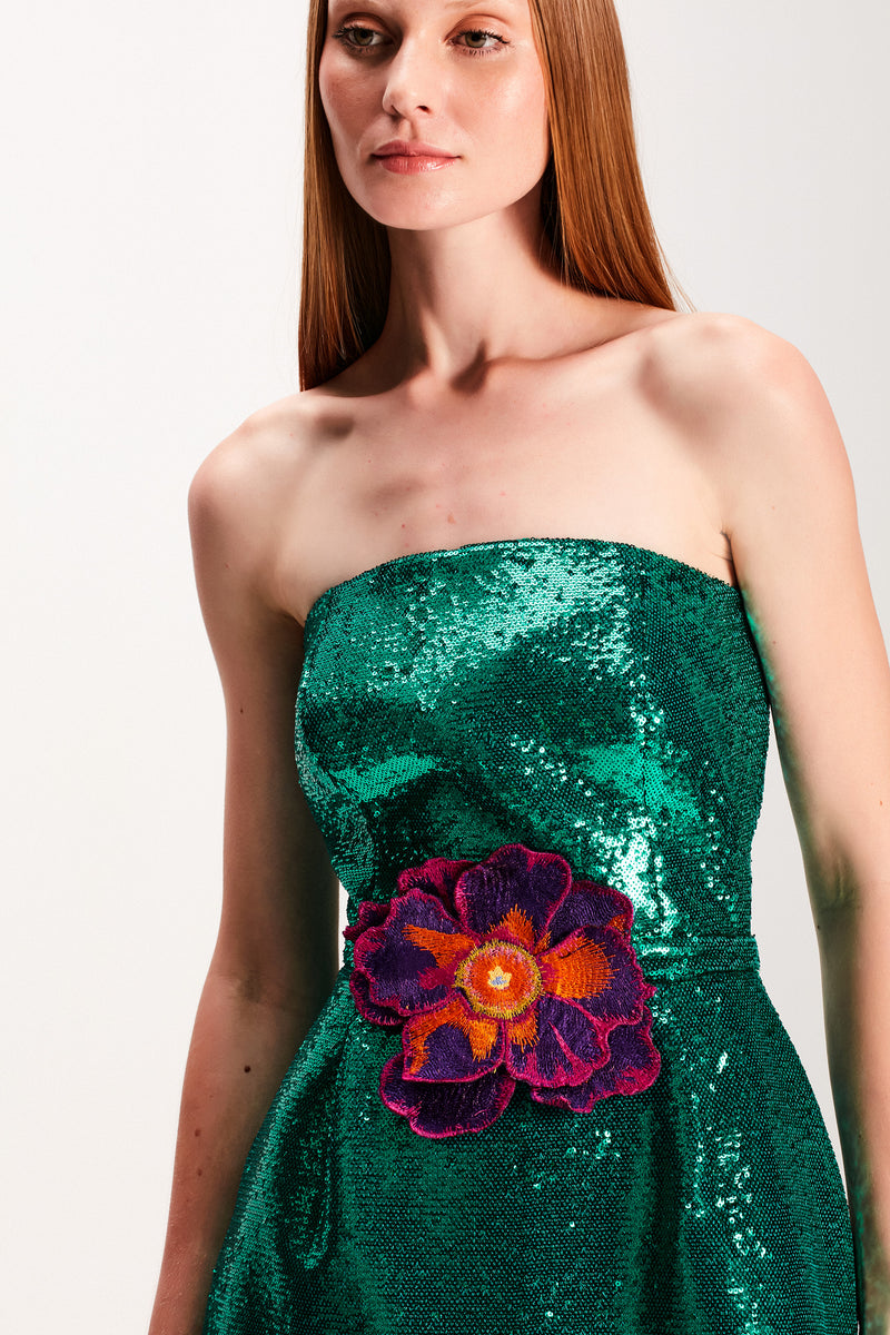 VESTIDO CURTO TOMARA QUE CAIA PAETE VERDE FLOR BORDADA (7893688156387)