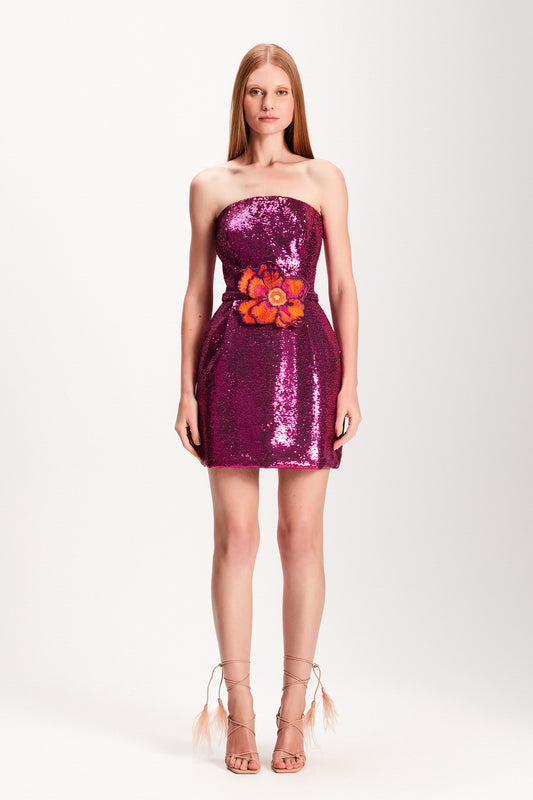 VESTIDO CURTO TOMARA QUE CAIA PAETE PINK FLOR BORDADA (7893687697635)