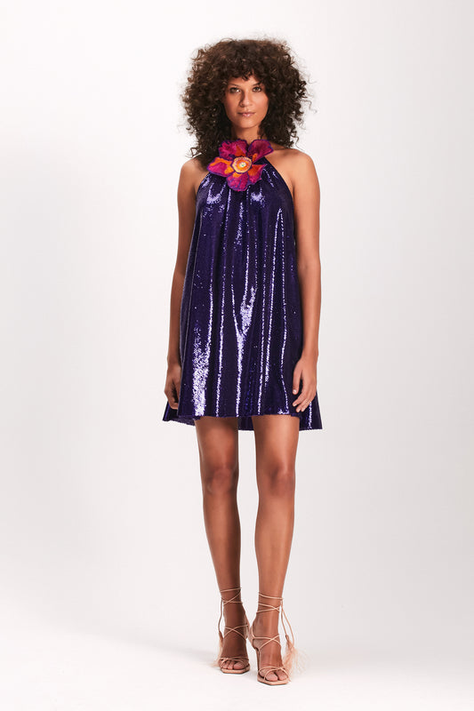 VESTIDO CURTO GODÊ PAETE ROXO FLOR BORDADA (7893687140579)