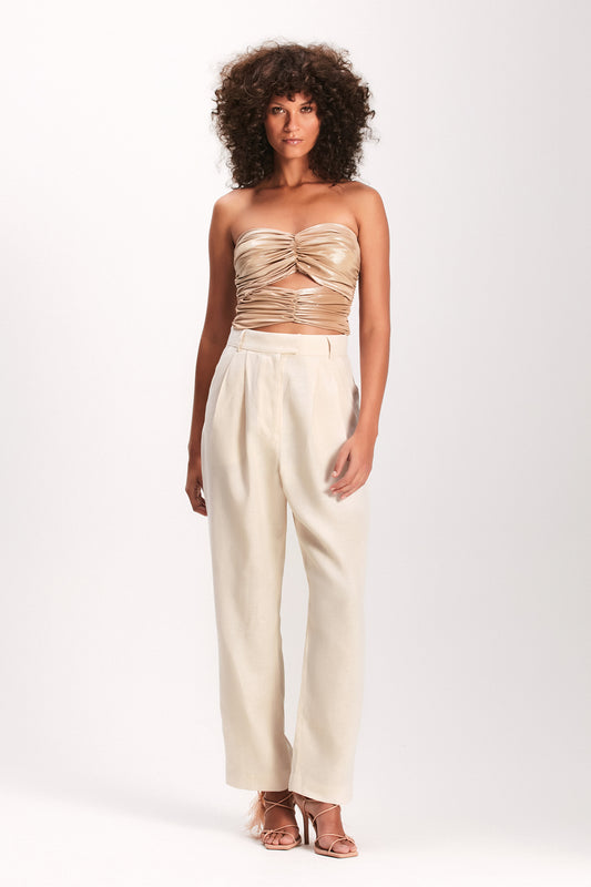 CALÇA LINHO PREGAS CINTURA ALTA AREIA (7893684486371)