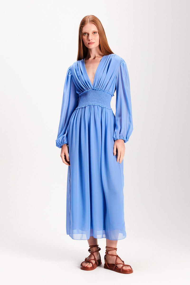 VESTIDO MIDI LASTEX MANGA LONGA AZUL (7893689860323)